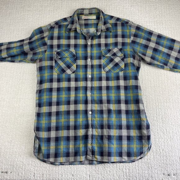 Vintage Champion Flannel Shirt Mens Sz 17.5 Blue Gray Plaid Cotton Button Up - Picture 11 of 16